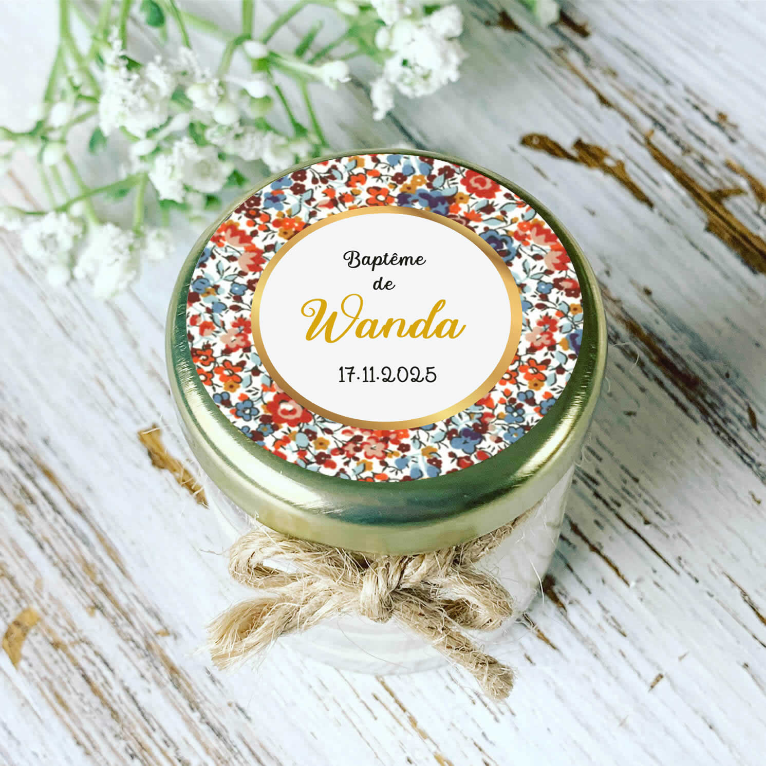 Bougie baptême personnalisée motif Liberty rouge marine