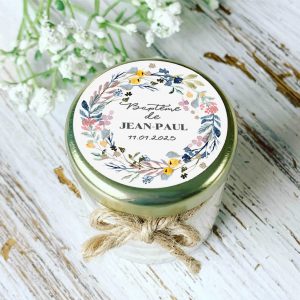 Bougie baptême personnalisée couronne florale – cadeau invités
