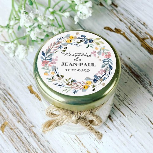 Bougie baptême personnalisée couronne florale – cadeau invités