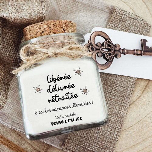 Bougie personnalisée départ à la retraite avec décapsuleur clé offert