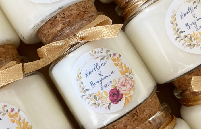 Cadeaux invités baptême : bougies personnalisées Apolline & Benjamin