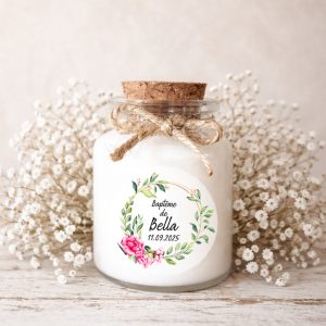 Bougie personnalisée baptême cadeau invité pas cher couronne florale Bella