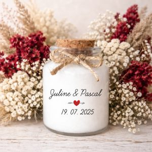 Bougie parfumée personnalisée en cire de soja, cadeau invité mariage avec étiquette transparente, pot en verre et bouchon en liège, fait main en France.