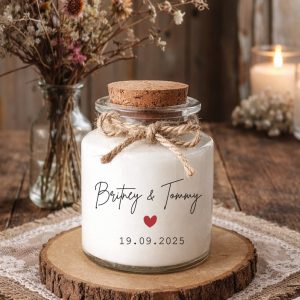 Bougie parfumée personnalisée mariage avec cœur rouge cadeau invités chic