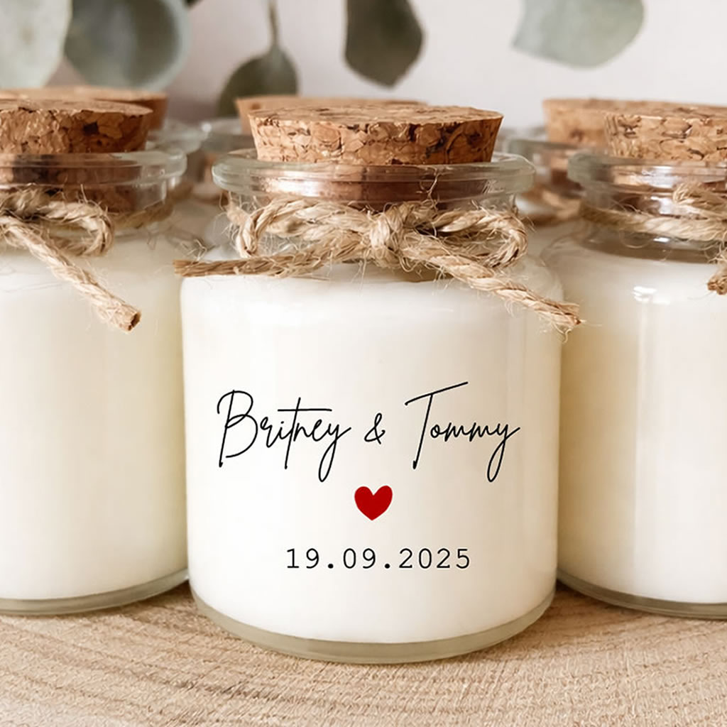 Bougie parfumée personnalisée mariage avec cœur rouge cadeau invités chic