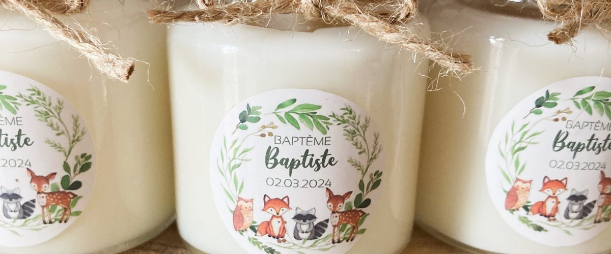 Bougies personnalisées baptême Baptiste, cadeaux invités thème végétal et animaux