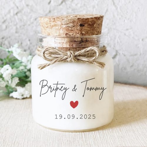 Bougie parfumée personnalisée mariage avec cœur rouge cadeau invités chic