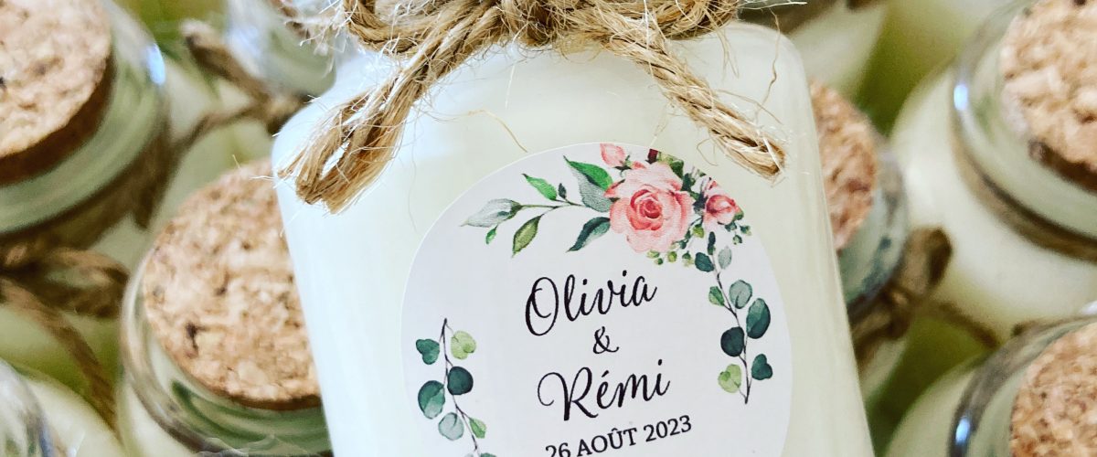 Bougies personnalisées mariage Olivia et Rémi, cadeaux invités style floral