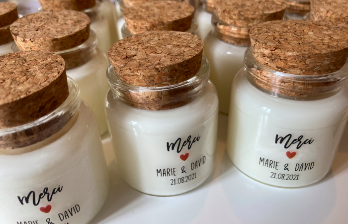 Bougies personnalisées mariage : la commande invités de Marie & David