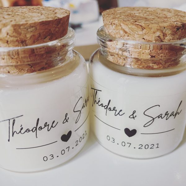 Bougies personnalisées mariage Gridou et Xav, cadeaux invités élégants