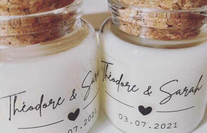 Cadeaux invités mariage : bougies personnalisées Théodore & Sarah