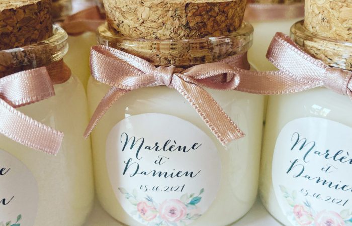Cadeaux invités mariage : bougies personnalisées Marlène & Damien
