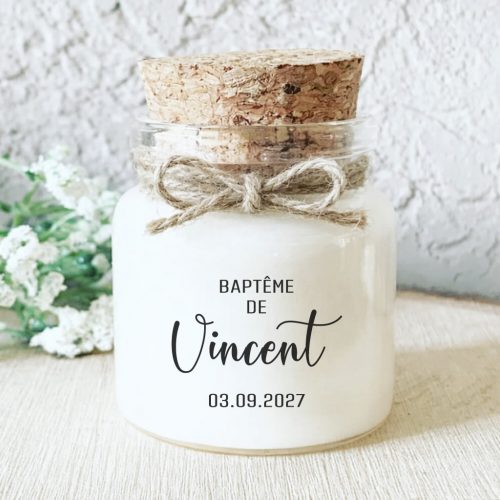 Bougie parfumée personnalisée baptême prénom à l’honneur – cadeau invités