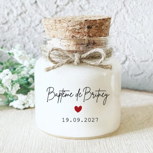Bougie parfumée personnalisée baptême signature moderne – cadeau invités