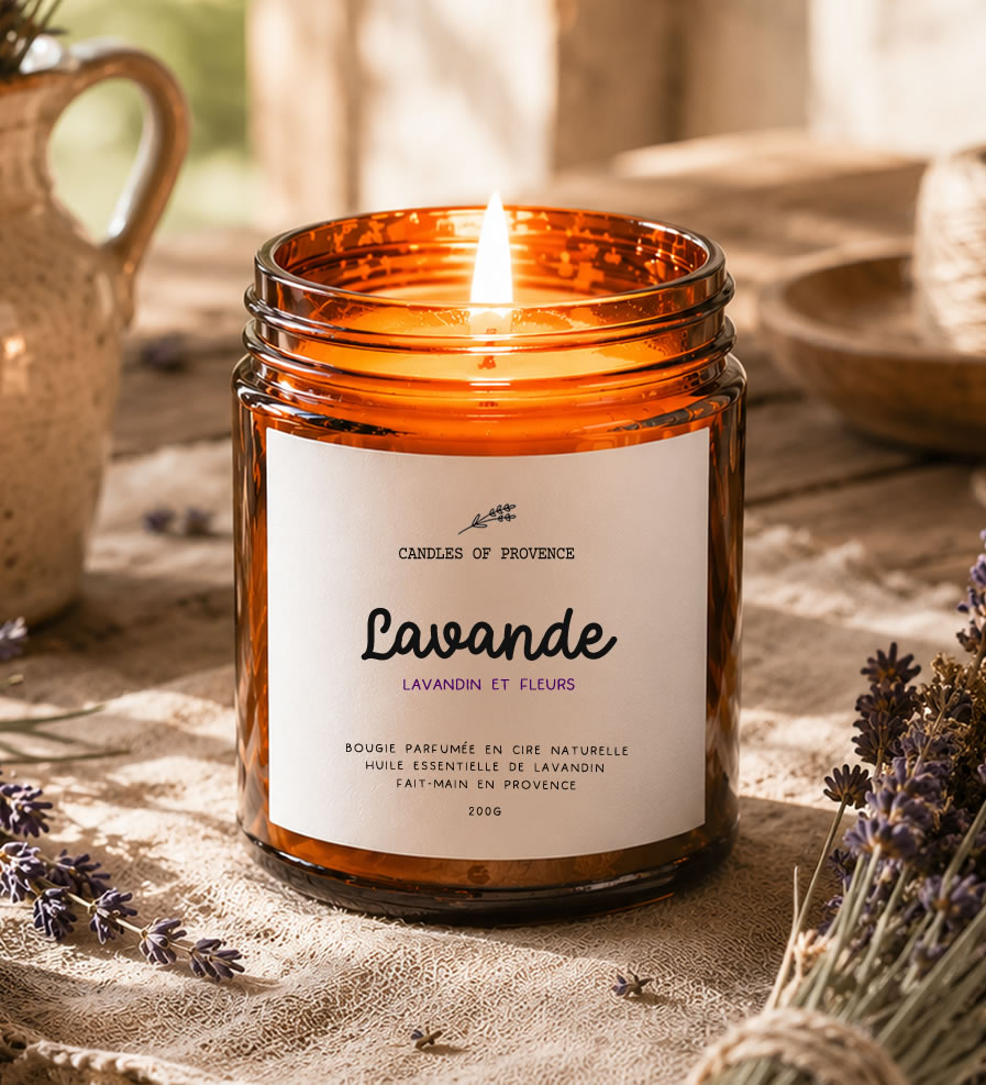 Bougie Lavande de Provence en cire de soja naturelle fait-main en Provence, pot en verre ambré style apothicaire