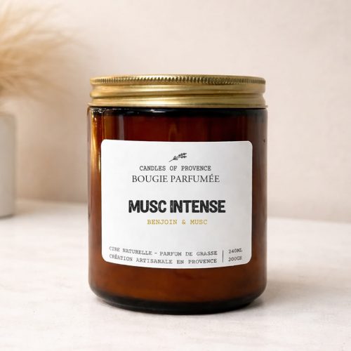 Bougie Musc en cire de soja naturelle fait-main en Provence, pot en verre ambré style apothicaire