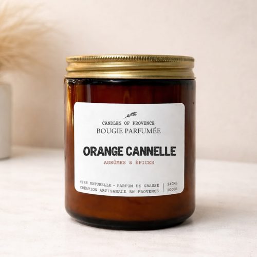 Bougie Orange Cannelle en cire de soja naturelle fait-main en Provence, pot en verre ambré style apothicaire