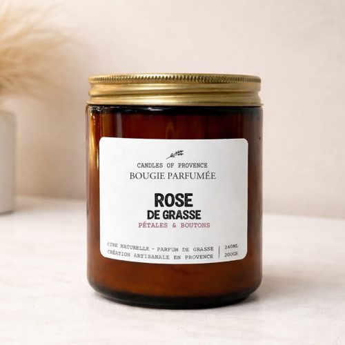 Bougie parfumée Rose de Grasse en cire de soja naturelle fait-main en Provence, pot en verre ambré style apothicaire