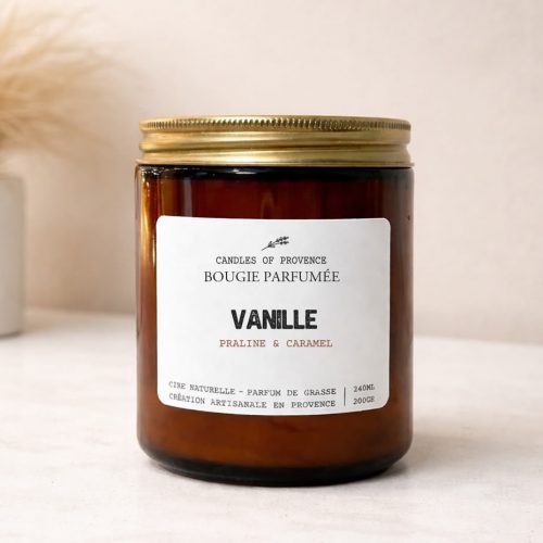 Bougie Vanille en cire de soja naturelle fait-main en Provence, pot en verre ambré style apothicaire