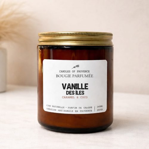 Bougie Vanille des Îles en cire de soja naturelle fait-main en Provence, pot en verre ambré style apothicaire