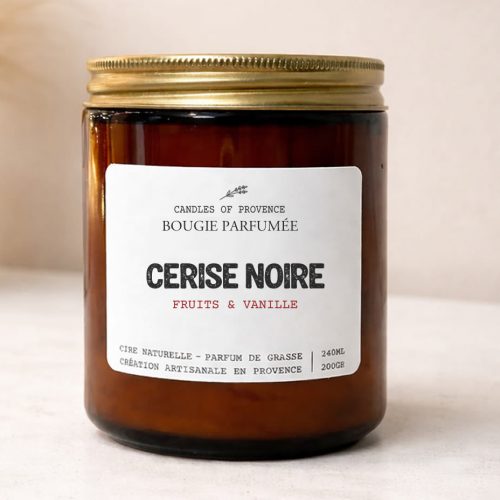 Bougie Cerise Noire en cire de soja naturelle fait-main en Provence, pot en verre ambré style apothicaire