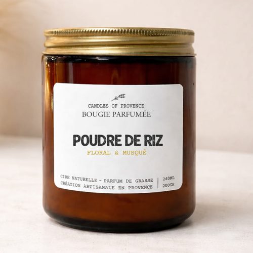 Bougie Poudre de Riz en cire de soja naturelle fait-main en Provence, pot en verre ambré style apothicaire
