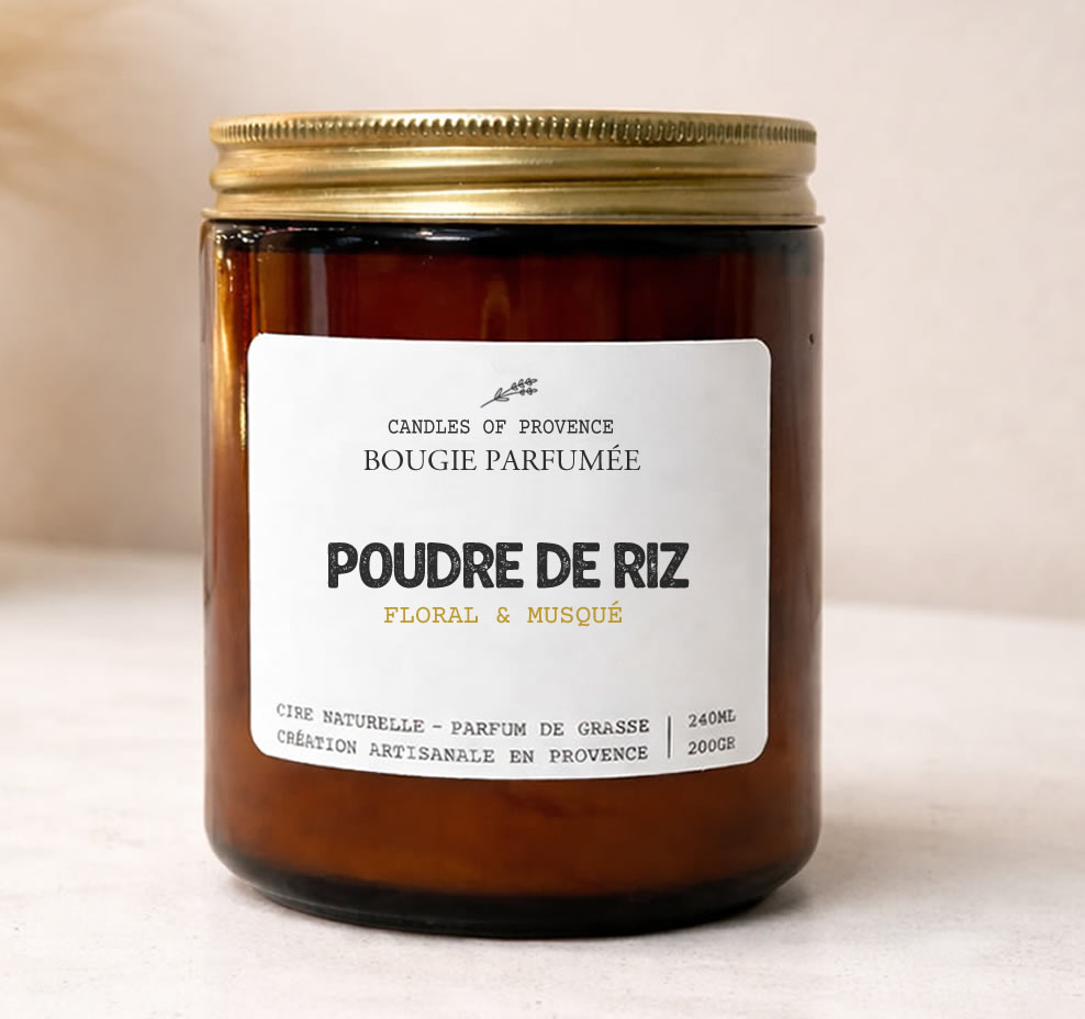 Bougie Poudre de Riz en cire de soja naturelle fait-main en Provence, pot en verre ambré style apothicaire