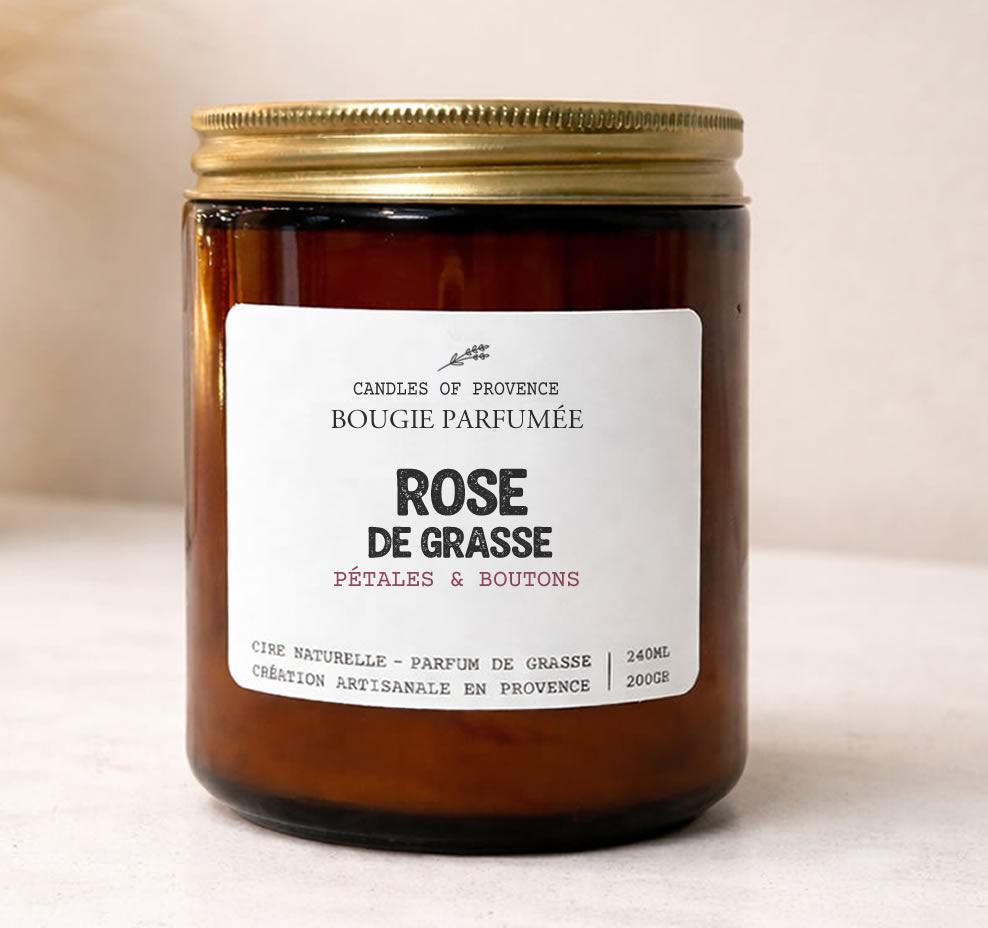 Bougie parfumée Rose de Grasse en cire de soja naturelle fait-main en Provence, pot en verre ambré style apothicaire