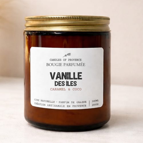 Bougie Vanille des Îles en cire de soja naturelle fait-main en Provence, pot en verre ambré style apothicaire