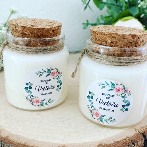 mini bougies personnalisées cadeau invité baptême avec pot en verre et couvercle liège