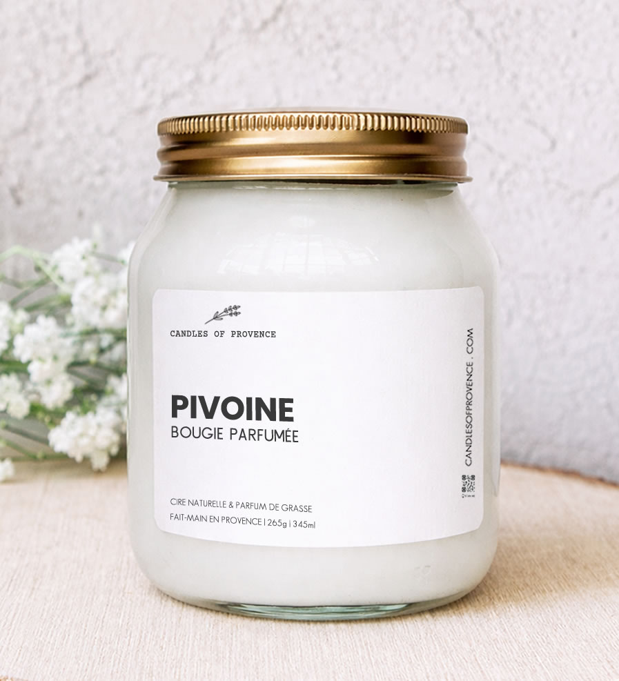 Grande Bougie parfumée Pivoine artisanale en cire naturelle de soja.