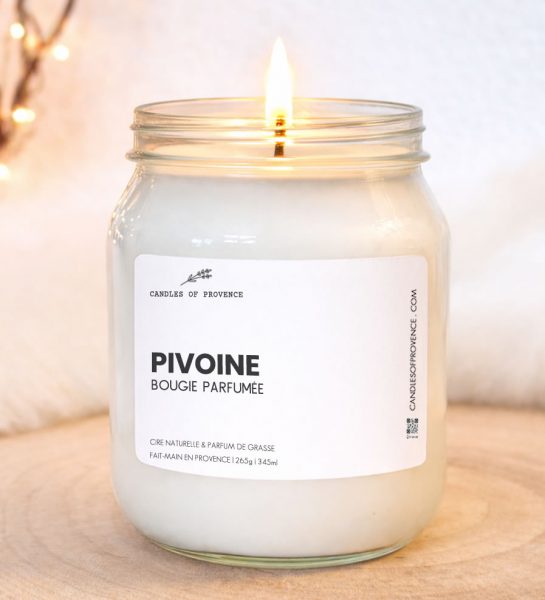 Grande Bougie parfumée Pivoine artisanale en cire naturelle de soja.