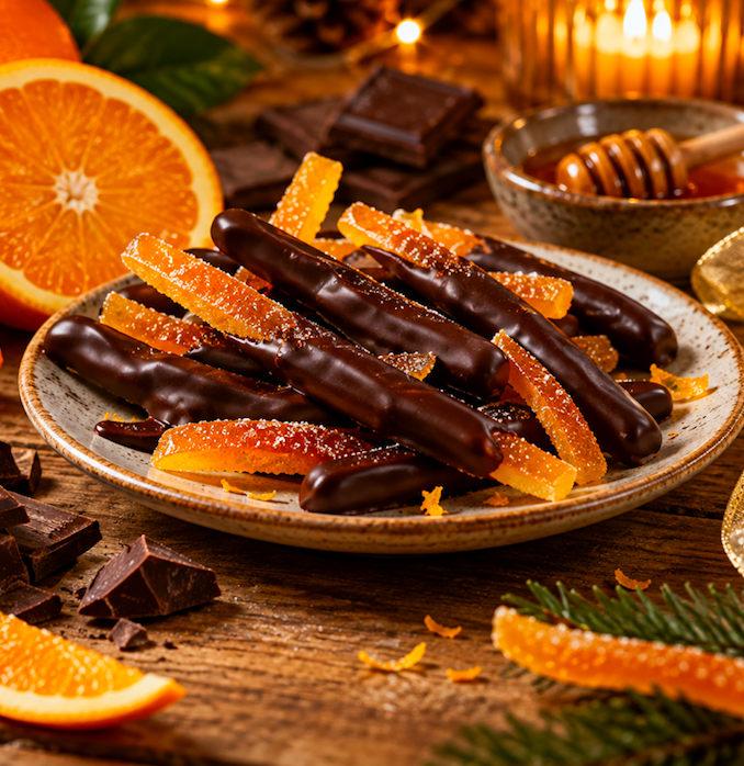 Orangettes au chocolat noir et écorces d'orange confite inspirant la bougie parfumée Orangettes